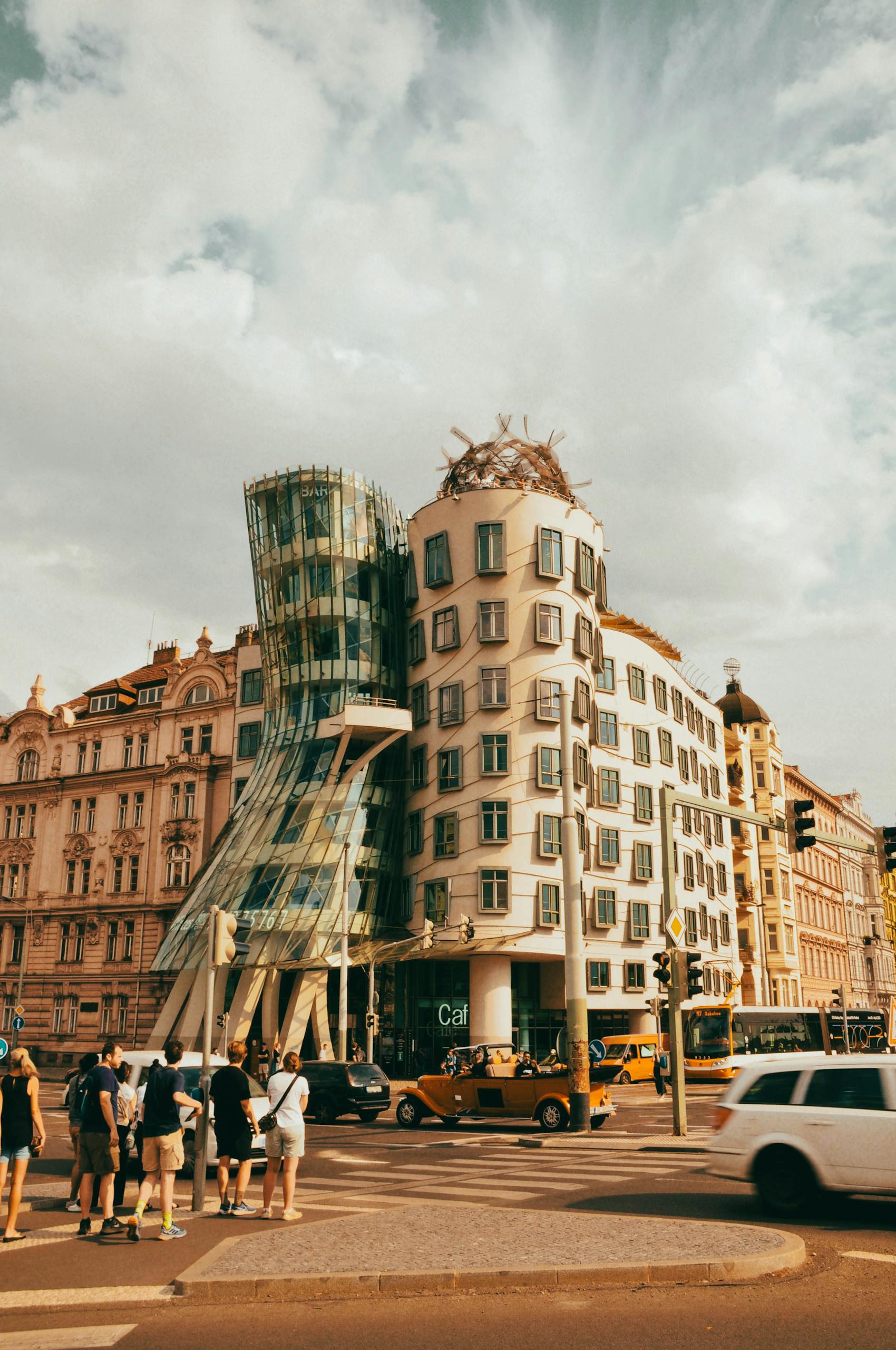 Facade of the Dancing House in Prague, Czech Republic